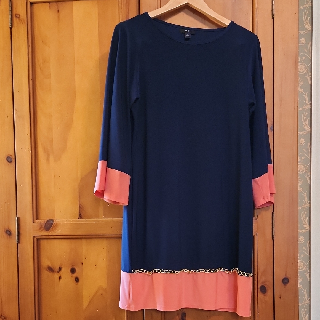 Navy And Coral Dress With Metal Chain Trim